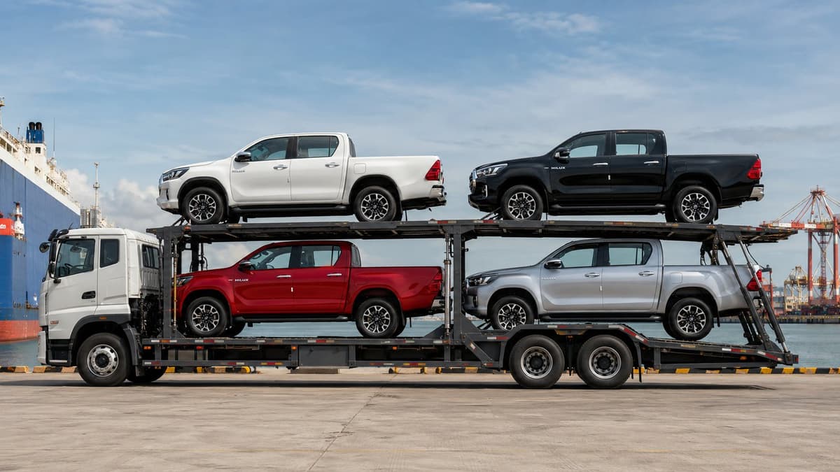 Four brand-new Toyota Hilux units on a professional vehicle carrier at the port