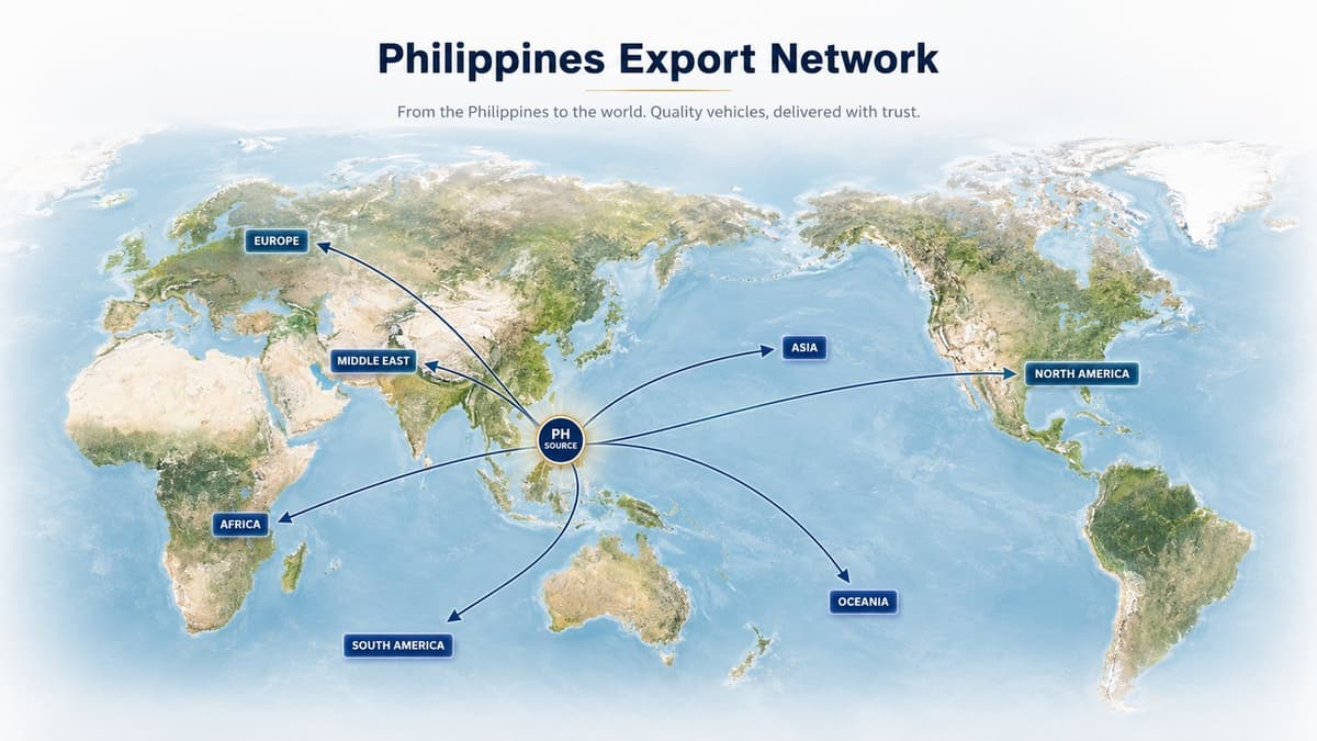 Global shipping coverage map showing Toyota Hilux exports from the Philippines to Asia, Middle East, Africa, Europe, Oceania, North America and South America