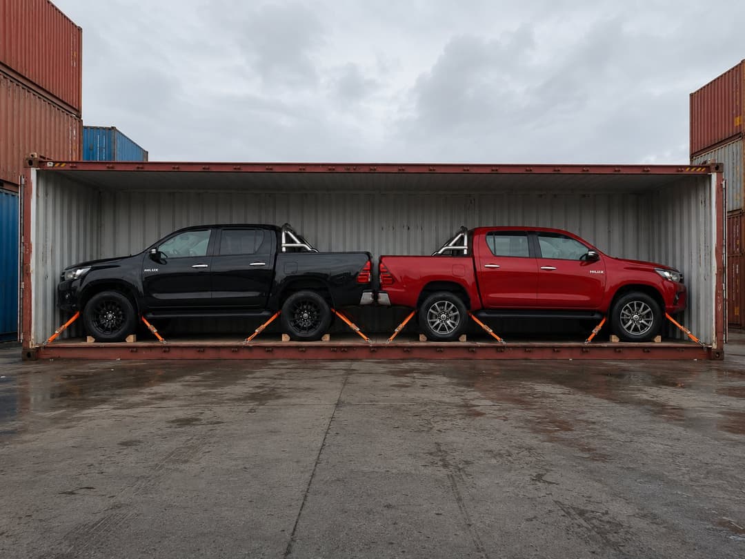 Two Toyota Hilux units secured back-to-back inside a 40HC container