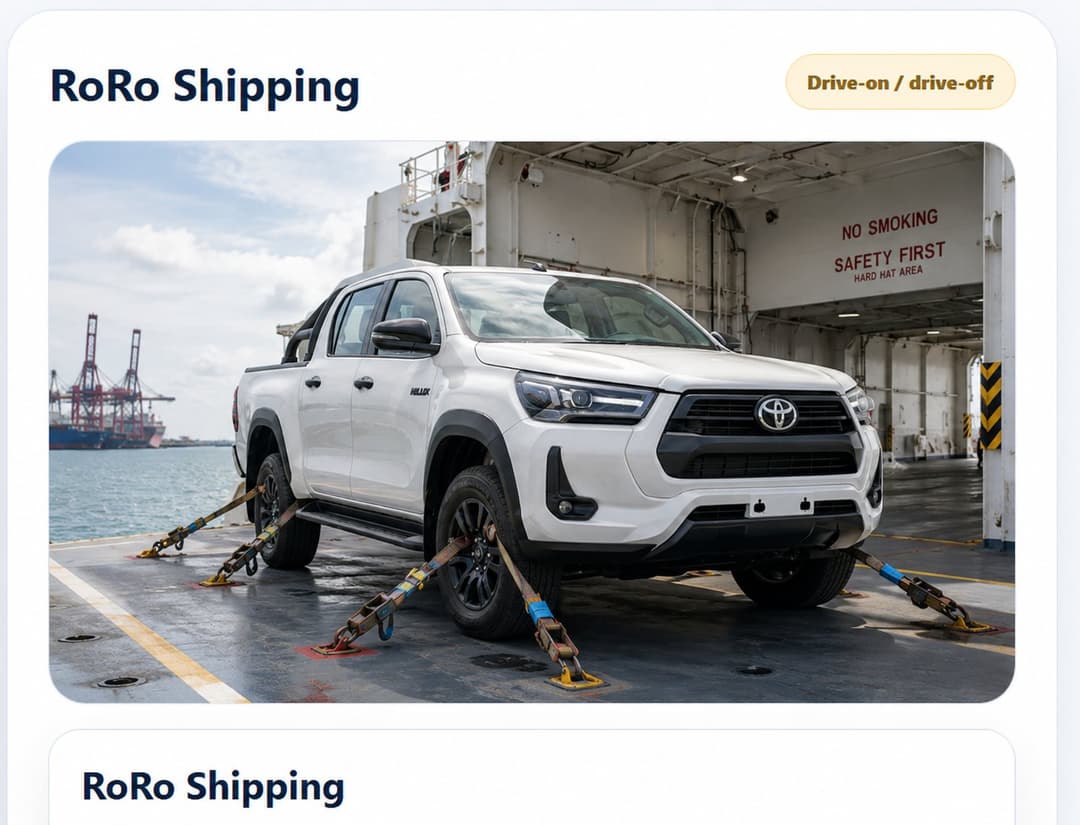 Toyota Hilux lashed on a RoRo vessel deck for shipping